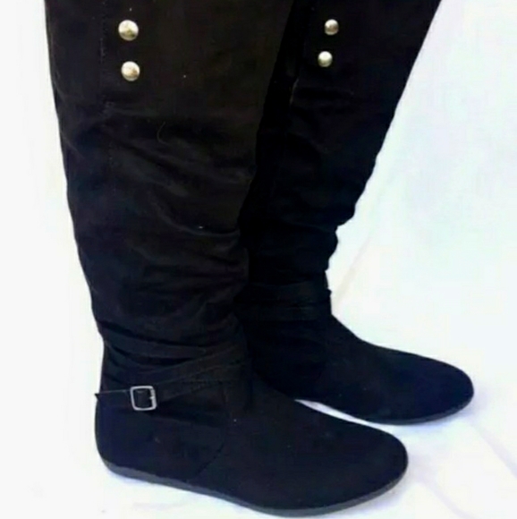 Black Faux Suede knee high flat slouch boots - Picture 1 of 3